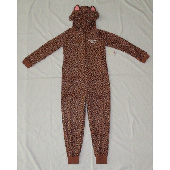 NEW One-Piece Pajamas S (7) Blanket Sleeper Union Suit Hooded Cheetah Fleece - Picture 2 of 8